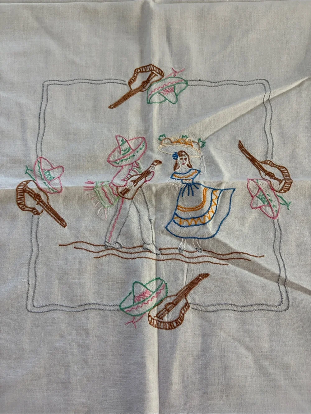 Vintage handmade card tablecloth with crocheted border